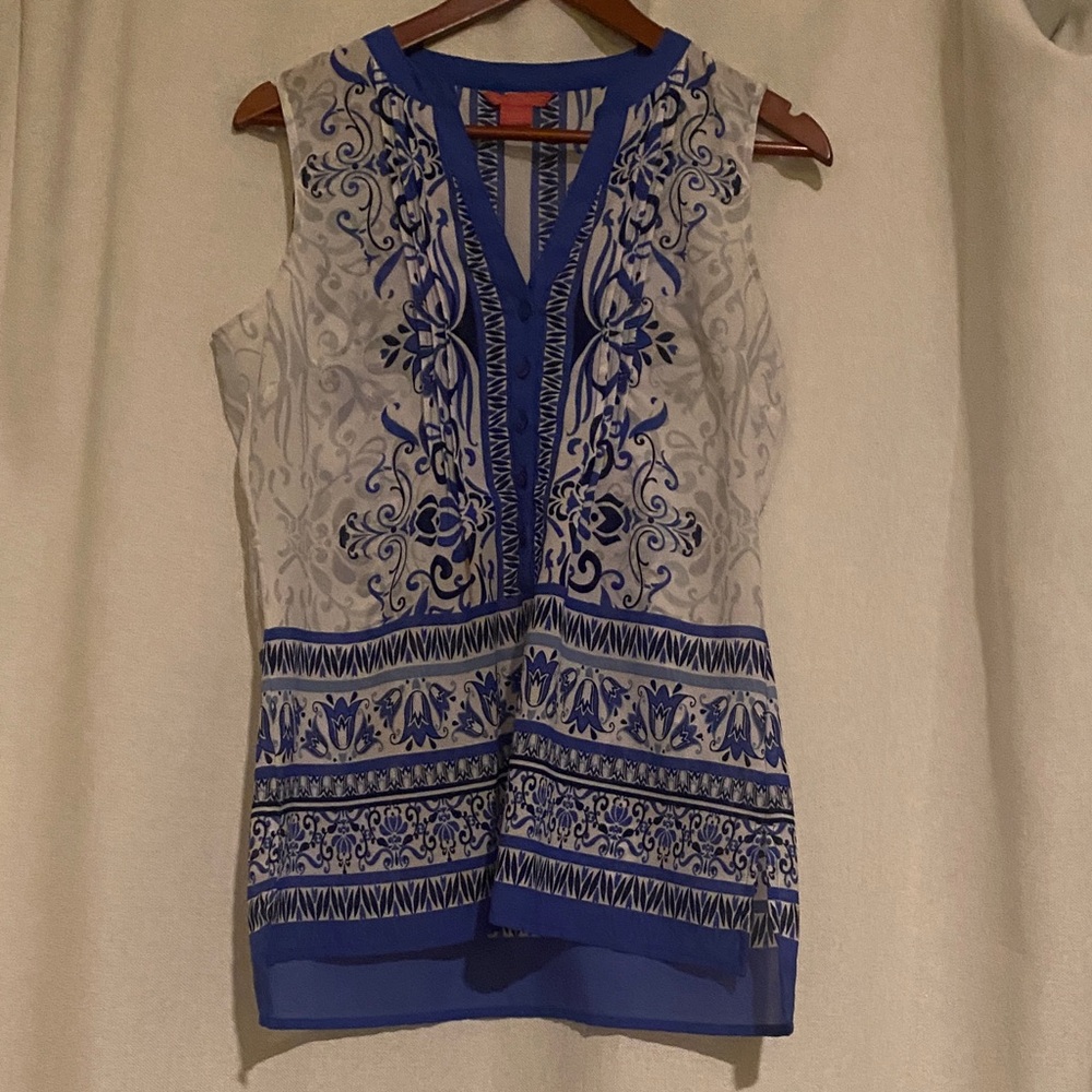 Sunny Leigh Blue and White Patterned Blouse